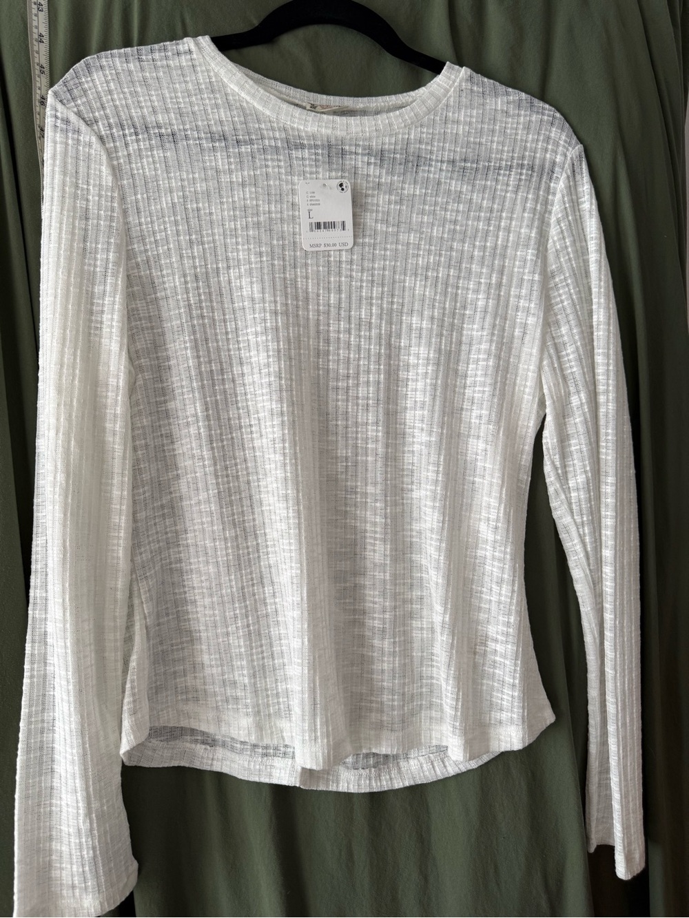 Free People White Ribbed Long-Sleeve sheer Crew Top sz L